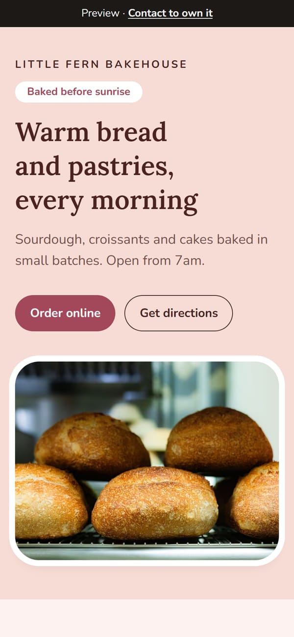 Little Fern Bakehouse site on a phone