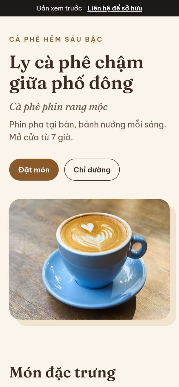 Site mẫu Cà Phê Hẻm Sáu Bậc trên điện thoại