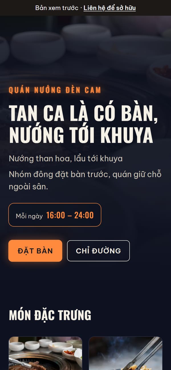 Site mẫu Quán Nướng Đèn Cam trên điện thoại