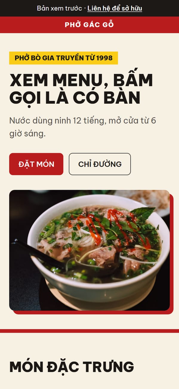 Site mẫu Phở Gác Gỗ trên điện thoại